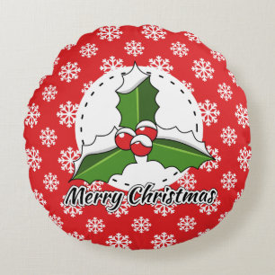 Holly on Red White Snowflakes Pattern - Merry Xmas Round Pillow