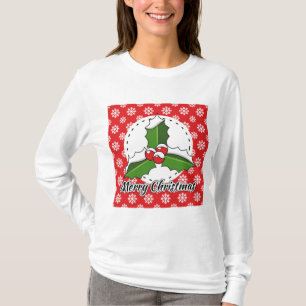 Holly on Red White Snowflakes Pattern - Merry Xmas T-Shirt