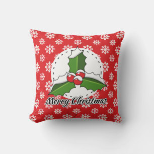 Holly on Red White Snowflakes Pattern - Merry Xmas Throw Pillow