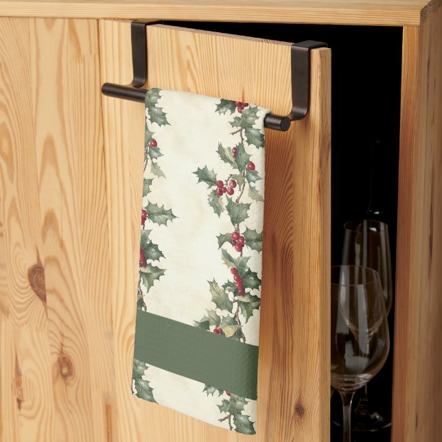 Holly Pattern Christmas Kitchen Towel (Thirds Fold)
