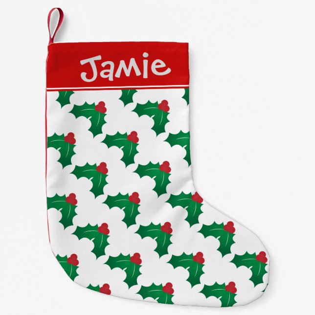Holly Pattern Small Christmas Personalised Stocking (Front)