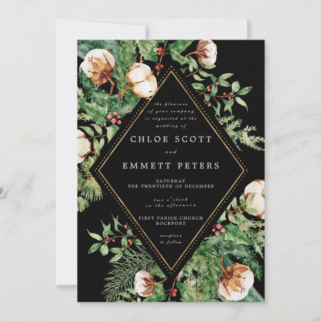 Holly Pine Blanc Floral Hiver Mariage Invitation (Devant)