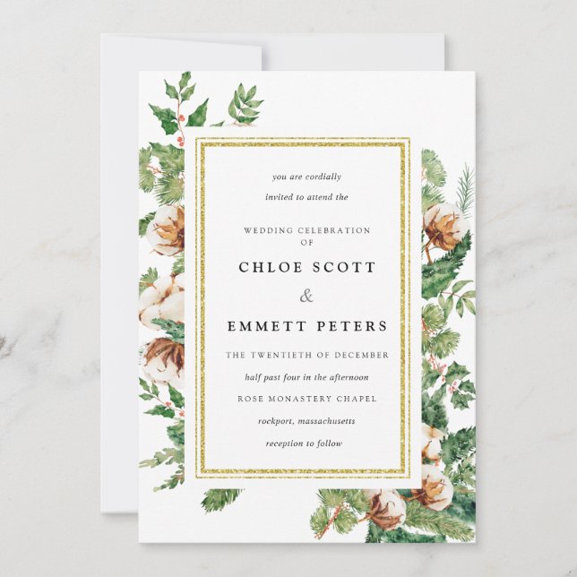 Holly Pine Blanc Floral Hiver Mariage Invitation (Devant)