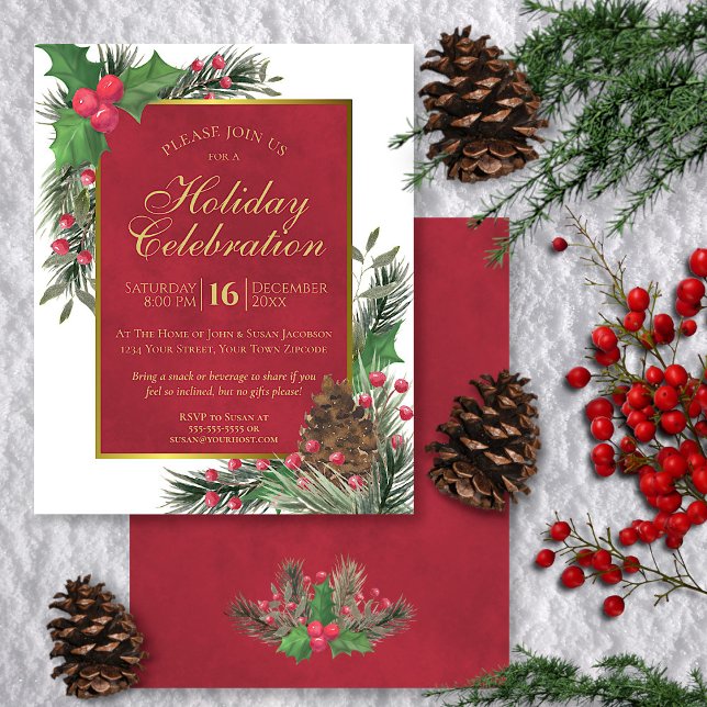 Holly & Pine BUDGET Holiday Party Invitation (In Situ with Pine & Berries)