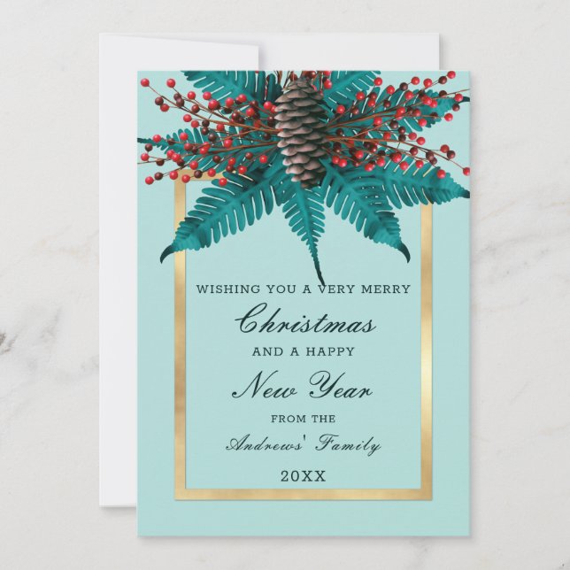 Holly Pine Cone Bouquet Gold Border Christmas Holiday Card (Front)