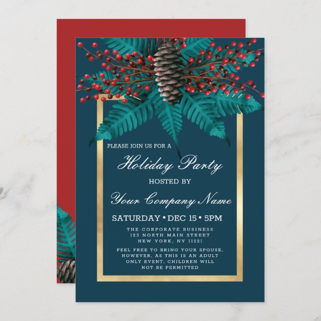 Holly Pine Cone Bouquet Gold Corporate Holiday Invitation (Front/Back)
