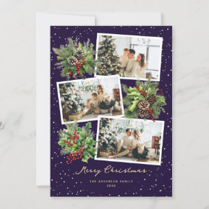 Holly Pine Cones Photo Violet Merry Christmas Card