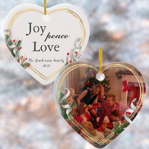 Holly & Pine Gold Frame Family Photo 2-sided  Ceramic Ornament