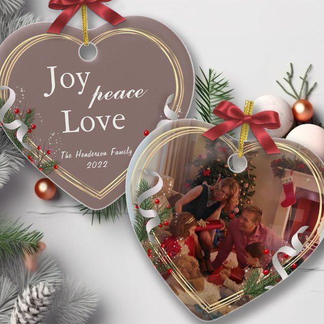 Holly & Pine Gold Frame Family Photo 2-sided   Ornament (Creator Uploaded)