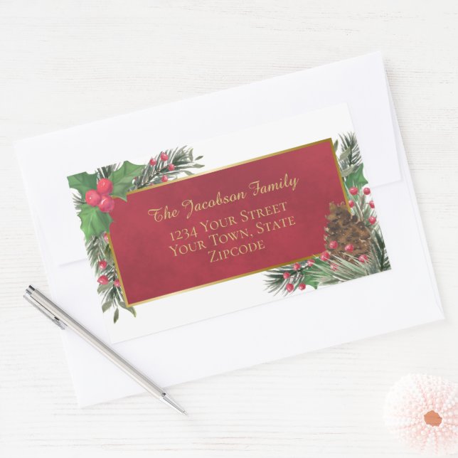 Holly & Pine Red & Gold Holiday Return Address Sticker (Envelope)