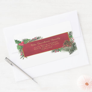 Holly & Pine Red & Gold Holiday Return Address Sticker