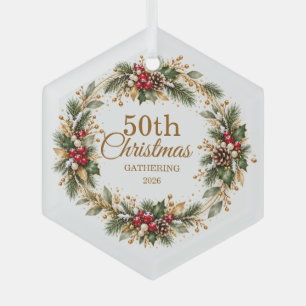 Holly Pine Snow Gold Christmas Glass Ornament