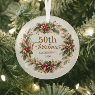 Holly Pine Snow Gold Christmas Glass Ornament