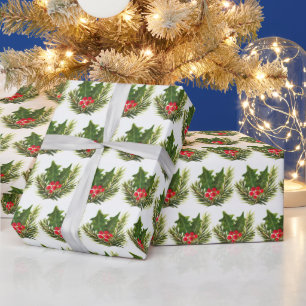 Holly Pine Tree Woodland Xmas Cute watercolor Wrapping Paper