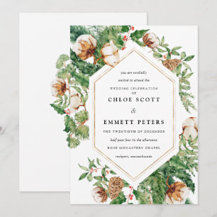 Holly Pine White Floral Winter Wedding Invitation