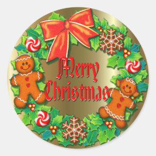 HOLLY, PINWHEELS & GINGER WREATH by SHARON SHARPE Classic Round Sticker