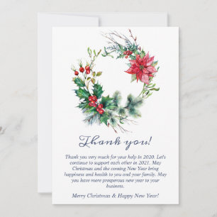 Holly Poinsettia Christmas Wreath Corporate Thank You Card