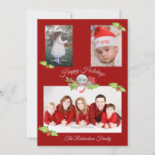 Holly Poinsettia Snow Globe Red Personalized Photo Holiday Card