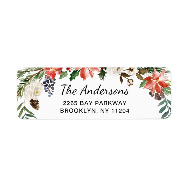Holly Poinsettia Wreath Christmas Return Address (Front)
