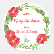 Holly & Poinsettias Christmas Round Stickers