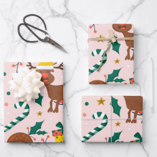 Holly Presents Candy Christmas Pink Wrapping Paper Sheet