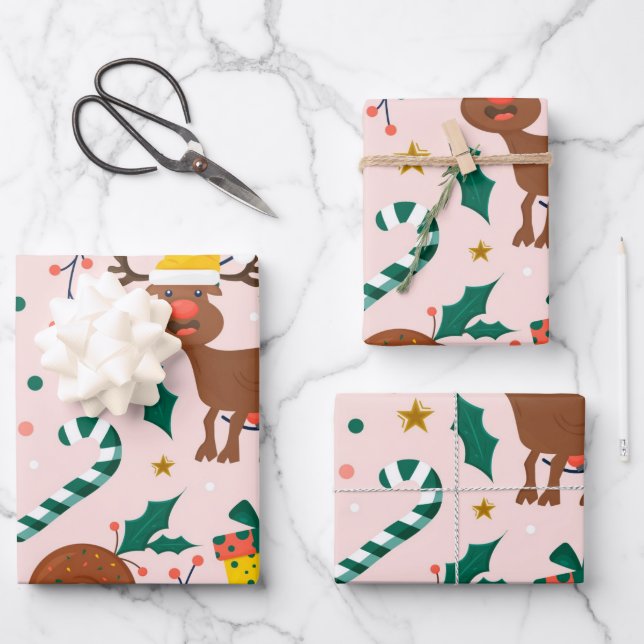 Holly Presents Candy Christmas Pink Wrapping Paper Sheet (Front)