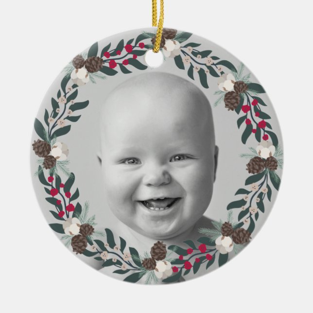 Holly, Red Berries and Pinecone Wreath Photo  Ceramic Ornament (Front)