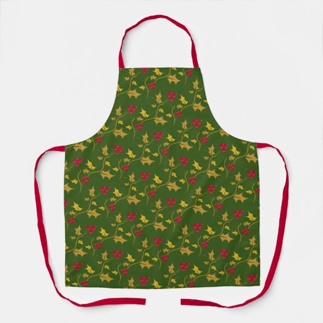 Holly red berries Christmas foliage pattern green Apron (Front)