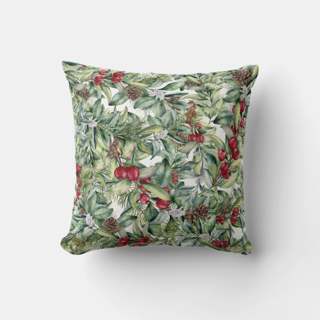 Holly Red Berries Mistletoe on White Background Throw Pillow (Front)