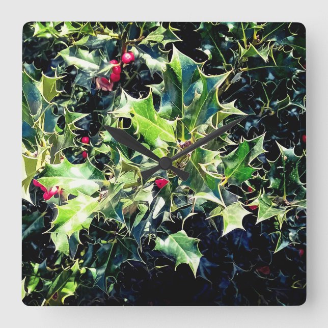 Holly , red berries square wall clock (Front)