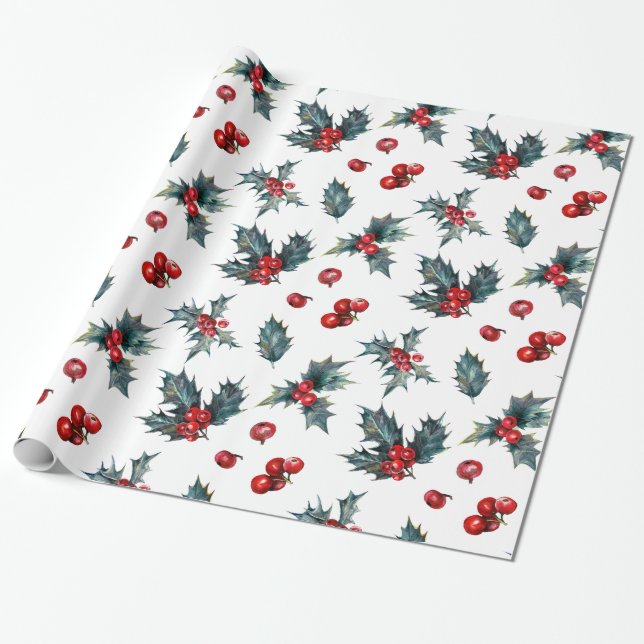 Holly Red Berries Wrapping Paper (Unrolled)