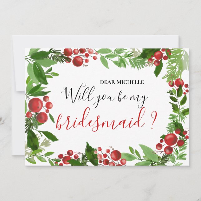 Holly Red Berry Christmas Modern | Bridesmaid Invitation (Front)