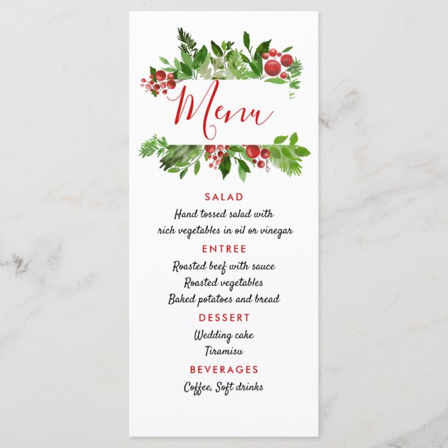 Holly Red Berry Christmas Modern Wedding Menu (Front)