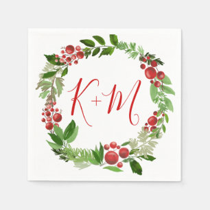 Holly Red Berry Christmas Modern Wedding Monogram Napkin