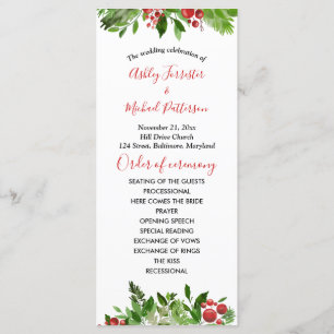 Holly Red Berry Christmas Modern Wedding Program