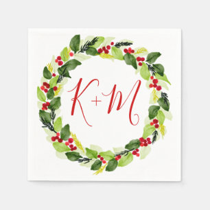 Holly Red Berry Christmas Wedding Monogram Napkin
