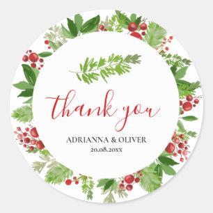 Holly Red Berry Christmas Wedding Thank You Classic Round Sticker