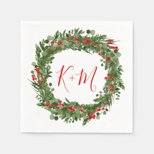 Holly Red Berry Christmas Wreath Wedding Monogram Napkin