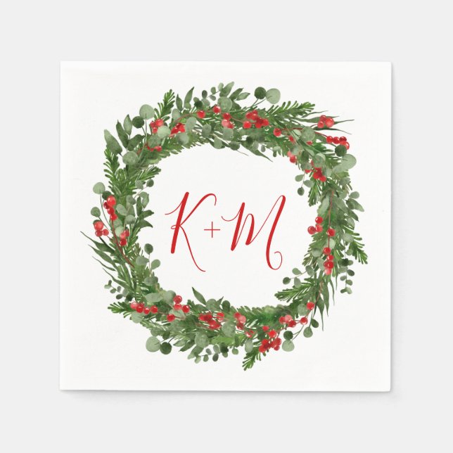 Holly Red Berry Christmas Wreath Wedding Monogram Napkin (Front)