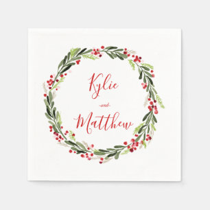 Holly Red Berry Christmas Wreath Wedding Monogram Napkin