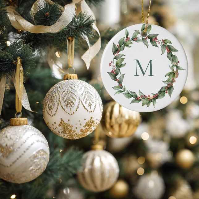 Holly Red Berry Monogrammed Wreath Christmas Ceramic Ornament (Holly Wheat Monogrammed Christmas Ornament)