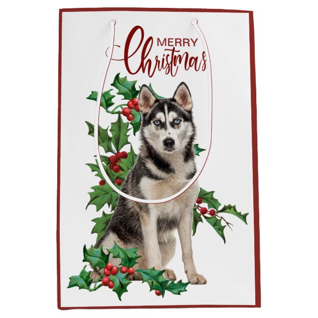 Holly Red Berry Siberian Husky Dog Christmas Medium Gift Bag (Front)