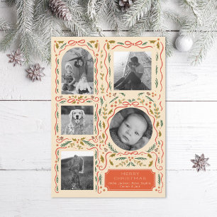 Holly Red Ribbon Christmas Photo Collage  Holiday Card