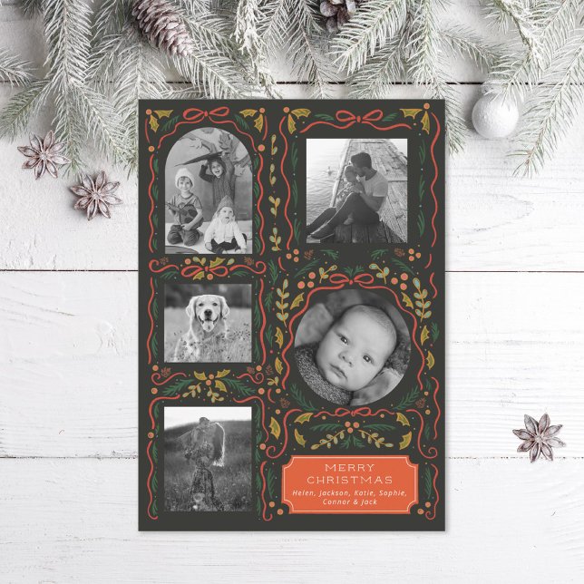 Holly Red Ribbon Christmas Photo Collage  Holiday Card (Creator Uploaded)