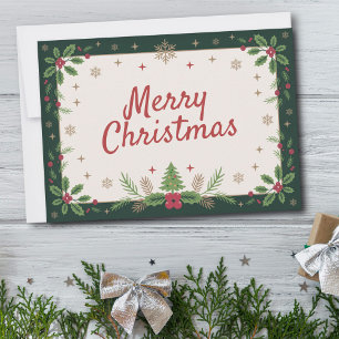 Holly & Snowflakes - Vintage Merry Christmas Holiday Card