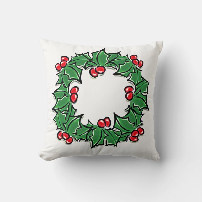 Holly Sprig Wreath Throw Pillow (Front)