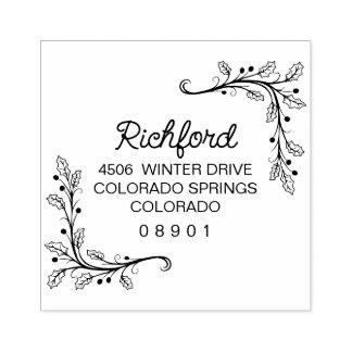 Holly Sprigs Frame Christmas Return Address Rubber Stamp