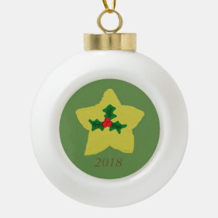 Holly Star Ceramic Ball Christmas Ornament