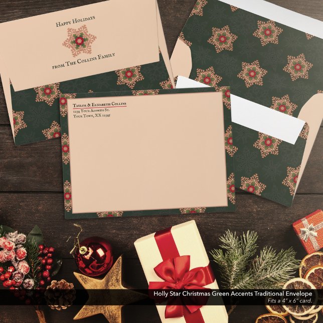 Holly Star Christmas Green Pattern Accents Envelope (Holly Star Christmas Green Pattern Accents Envelope - Fits 4" x 6" card.)