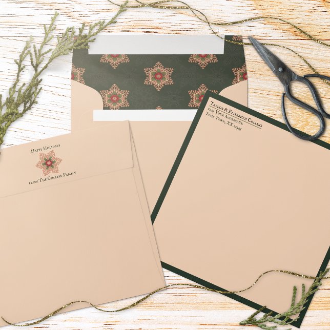 Holly Star Traditional Christmas Green Accents Envelope (Holly Star Traditional Christmas Holiday Envelope with Green Interior and Border.)
